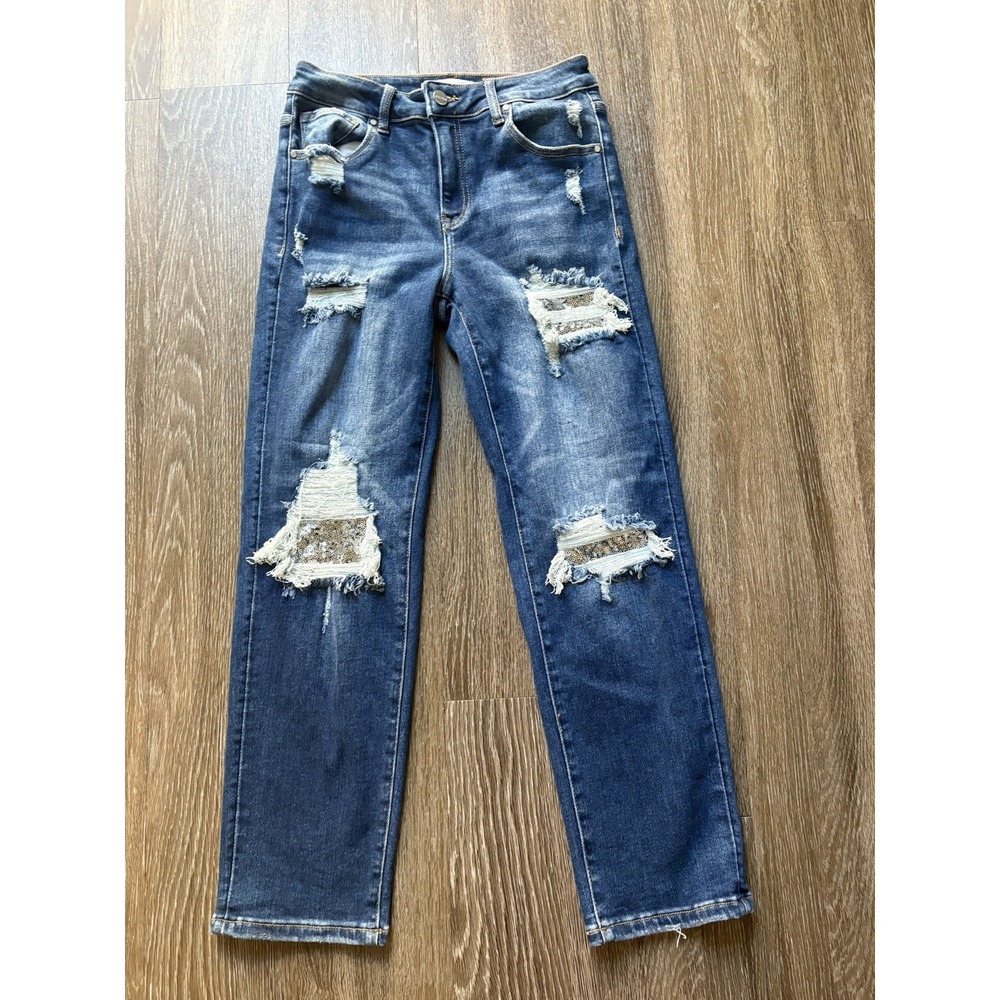 RISEN JEANS Blue Medium Wash Distressed Straight Leg Mid Rise 28 sequin lining
